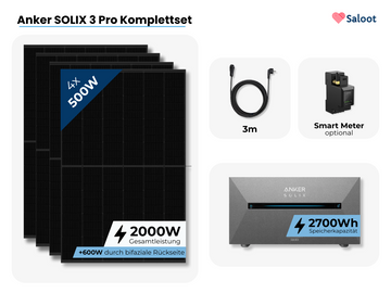 2000W Balkonkraftwerk Speicherset ANKER SOLIX 3 PRO inkl. 4x 500 Watt Solarmodule Bifazial - Gratis Smart Meter
