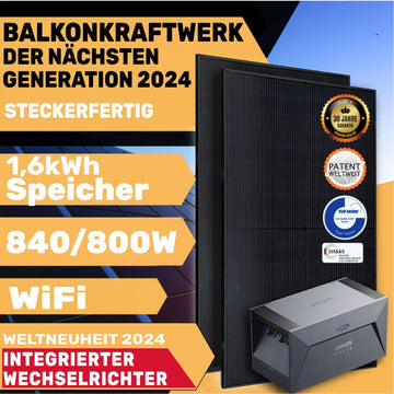 Balkonkraftwerk der nächsten Generation 2024 mit 1,6kWh Speicher | 840W / 800W | Weltneuheit: integrierter Wechselrichter | Fullblack