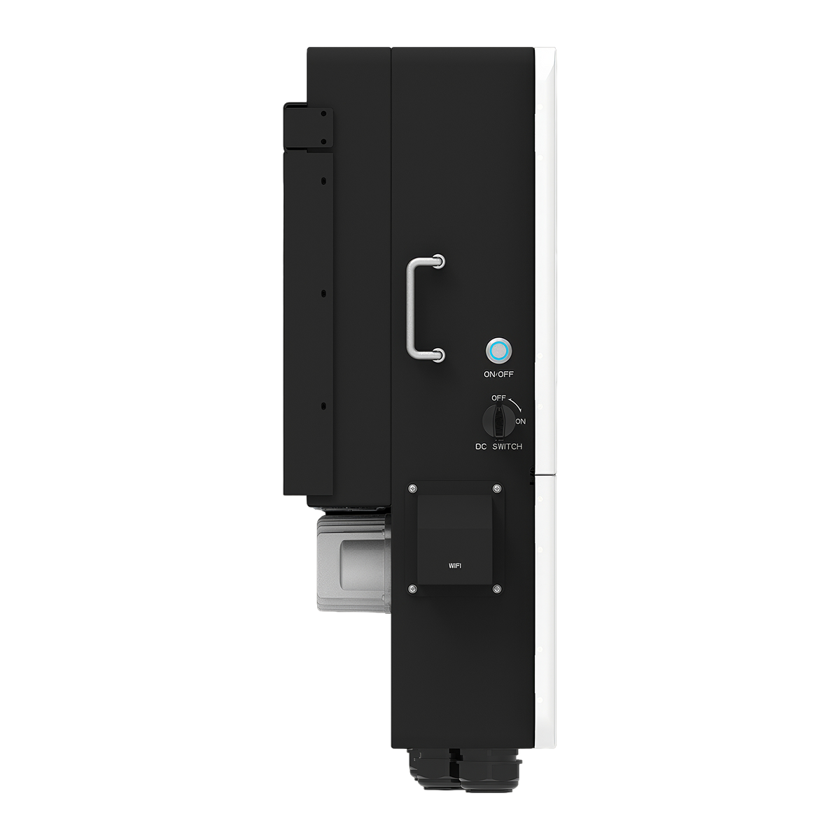 Seitenansicht des Deye SUN-SG05LP3 Hybrid-Wechselrichters mit DC-Trennschalter