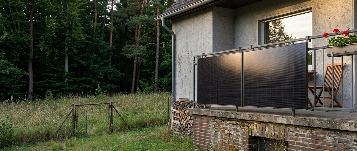 Zwei schwarze Solarmodule hängen quer am Balkongeländer eines Einfamilienhauses am Waldrand