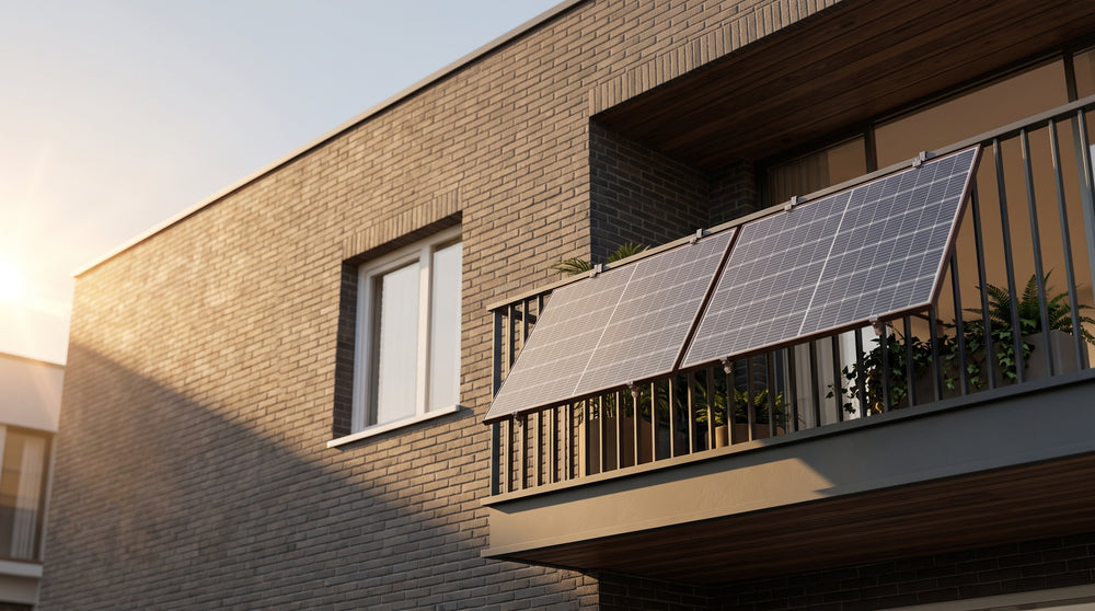 Zwei aufgeständerte Solarmodule am Balkongeländer eines Klinkerhauses im Abendlicht