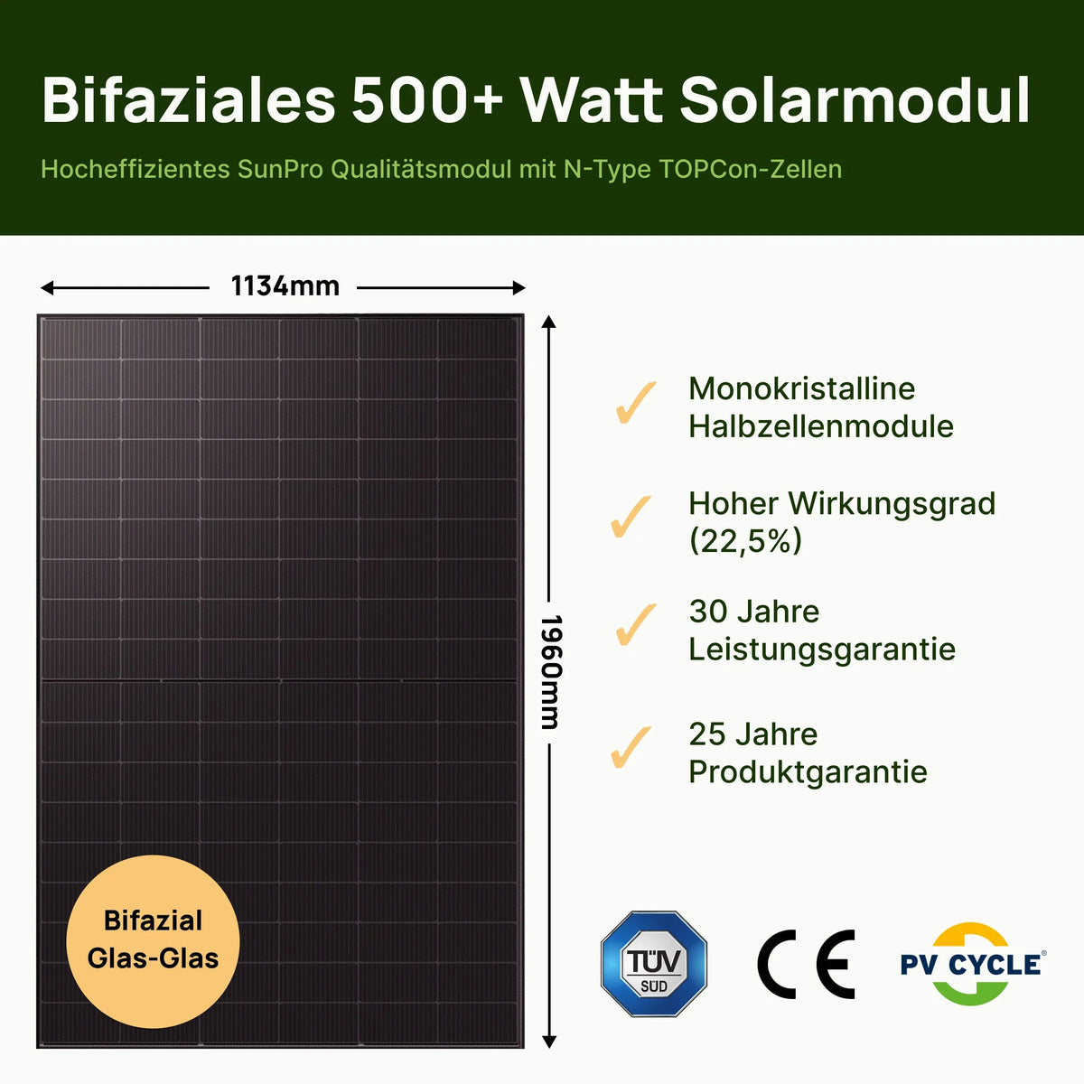 Bifaziales SunPro Solarmodul mit 500 W und N-Type TOPCon-Zellen im Glas-Glas-Aufbau